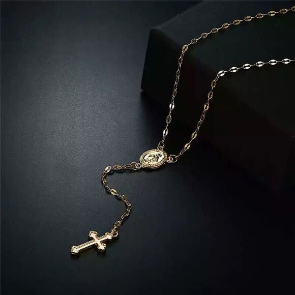 B172 WOMENS GOLD TONE CRUCIFIX AND VIRGIN MARY PENDANTS ROSARY CHAIN NECKLACE - Picture 2 of 7